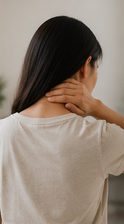 Woman holding neck with chronic neck tension symptoms