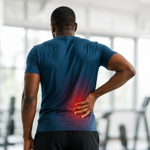 Man standing and holding lower back in pain at gym