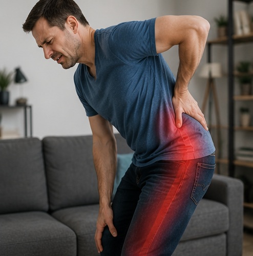 Man experiencing sciatica pain radiating from lower back into leg