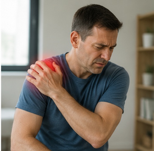 Man holding shoulder in pain after difficulty lifting arm