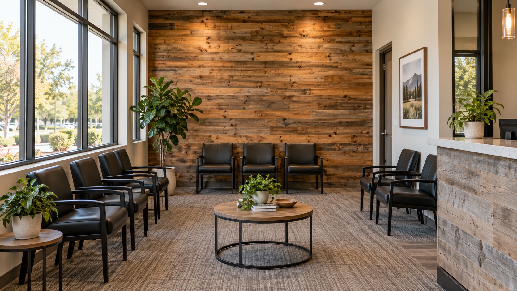Illustrative chiropractic office waiting area with a wood feature wall