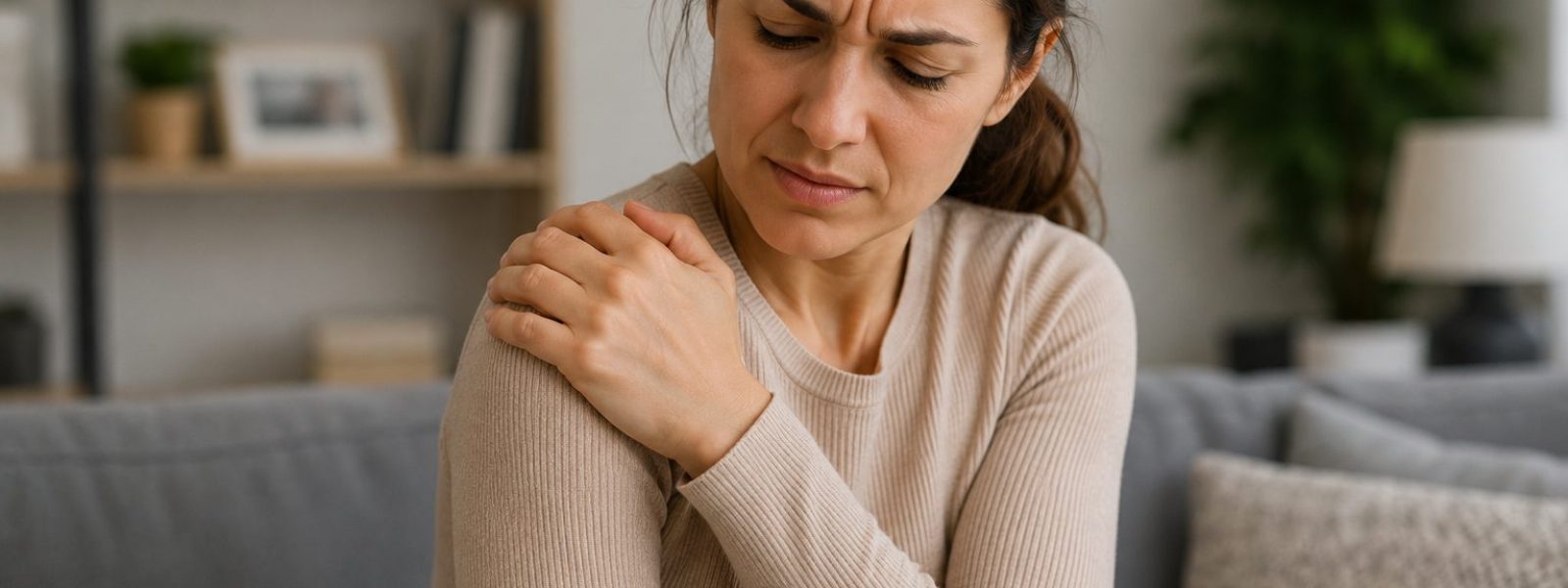Woman struggling with shoulder pain