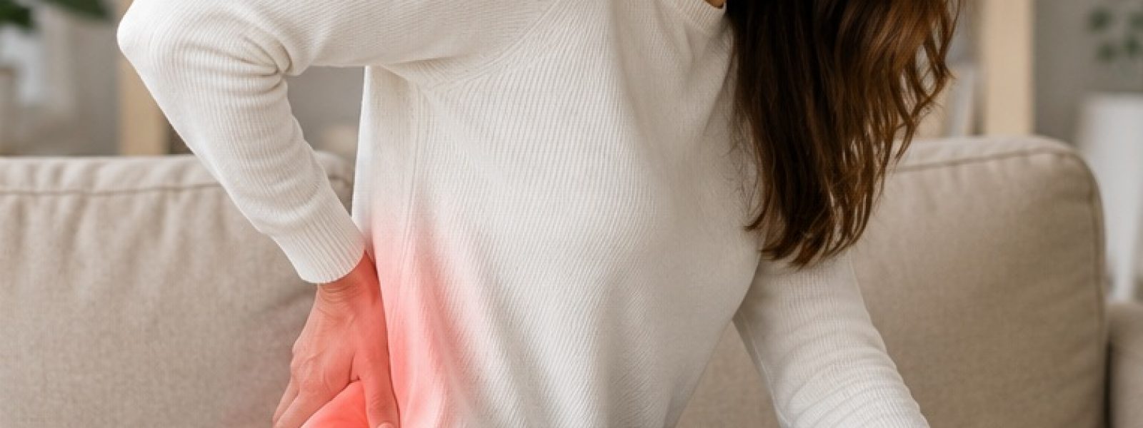 Woman sitting uncomfortably due to sciatica pain going from back down to leg